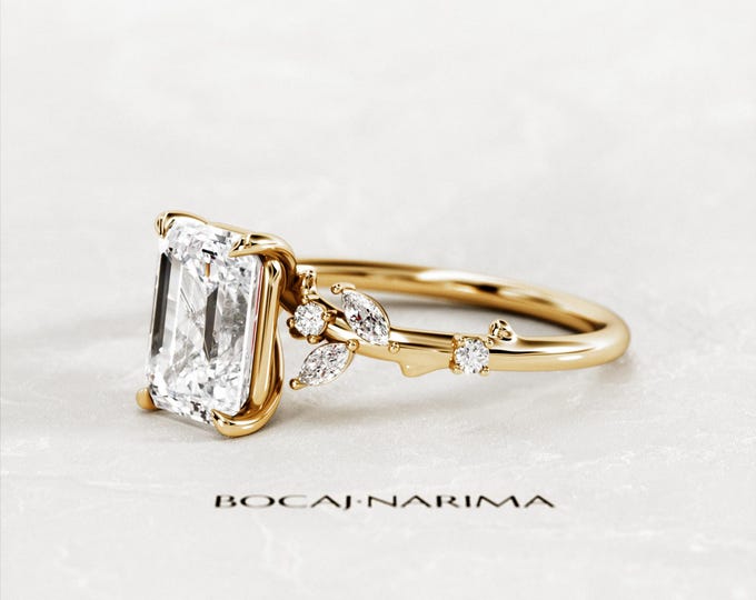 1.5 Carat Emerald Cut Colorless Moissanite Nature Inspired Engagement Ring / Yellow Gold Twig Ring / Twig and Leaf Branch Emerald Ring