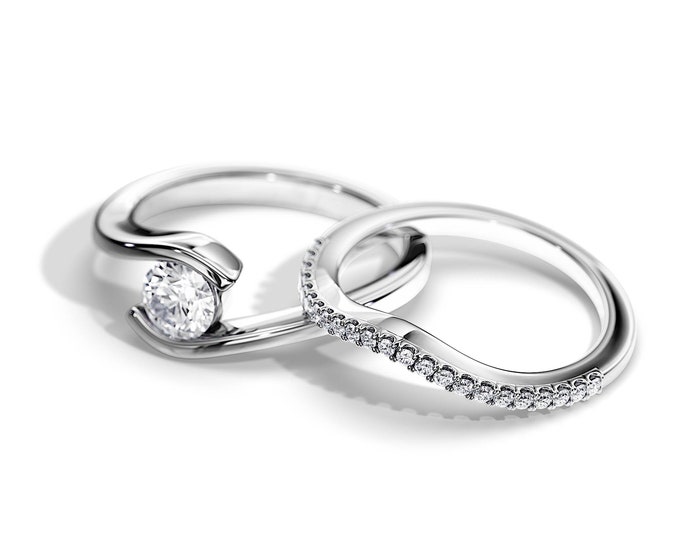 0.5 Carat Bypass Lab Grown Diamond Bridal Set / Tension Set Engagement Ring Set / White Gold Womens Bridal Set / Curved Pave Wedding Band