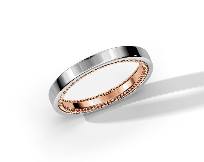 Two Tone Wedding Band / Rose and White Gold Wedding Ring / Milgrains Ring / 2.6mm Band / Two Toned Ring / Two Color Ring / Unique Ring