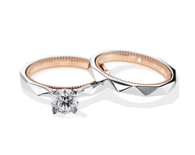 Bridal Set Moissanite Engagement Ring / Unique Rings / Matching Rings / Two Tone Engagement Ring Set / 1CT Moissanite Ring / Womens Ring Set