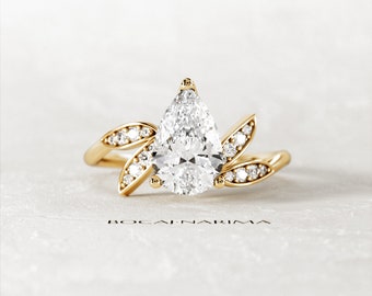 1.5CT Pear Lab Grown Diamond Nature Inspired Engagement Ring / Unique Organic Ring / Floral Ring /  Boho Proposal Ring / 14K Gold  Twig Ring