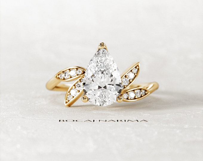 1.5CT Pear Lab Grown Diamond Nature Inspired Engagement Ring / Unique Organic Ring / Floral Ring /  Boho Proposal Ring / 14K Gold  Twig Ring
