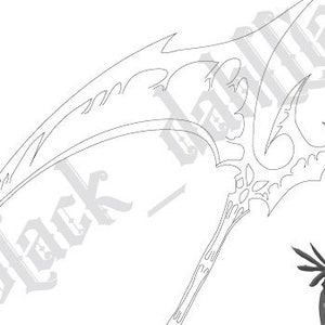 May include: A black and white line drawing of a decorative scythe with intricate details. The scythe has a curved blade and a long handle with a floral design.