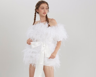 Christina White Off-Shoulder Feather Dress Feather Trim Dress Feather Cocktail Dress Feather Prom Dress Feather White Dress