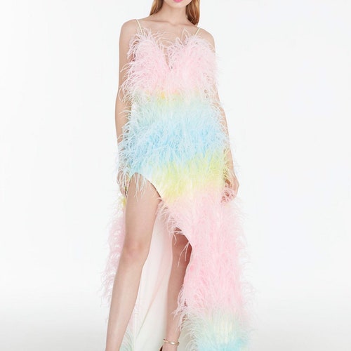 SGinstar Felicia rainbow ostrich feather dress wedding dress for women,Unique wedding dress, Plus size dress,Bi pride dress,Pride month