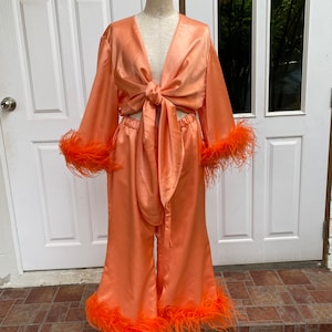 Ida orange boas feathers silk satin blouse and pants for women, Harry styles clothing,Bridesmaid dress, Graduation dress,Plus size dress