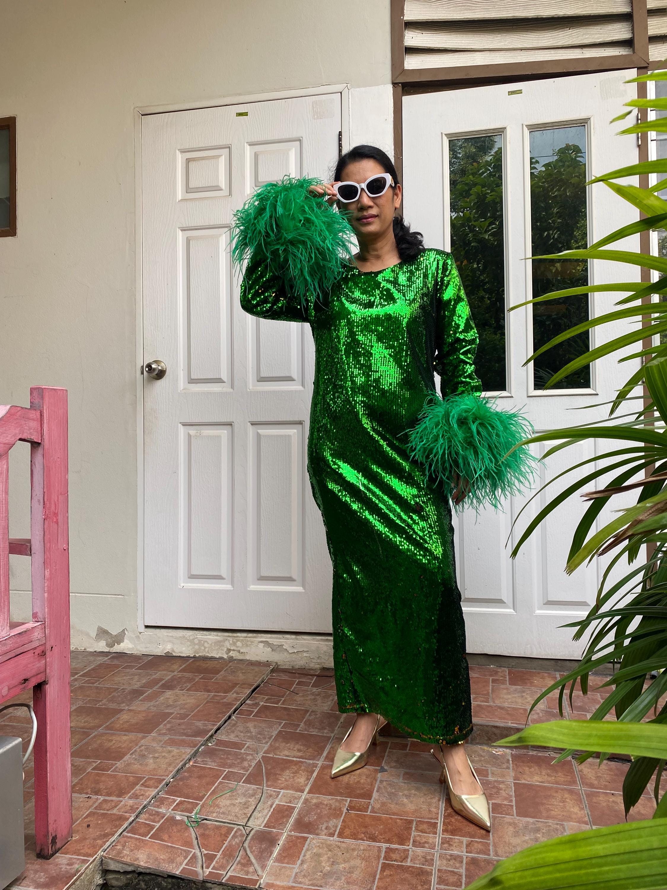 green sequin dress with feathers Strapless Floral Feather Sequin Maxi Dress Green