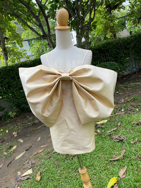 slim fit dress slacks Sariya Satin Bow Gown with Feather Hem main image 1