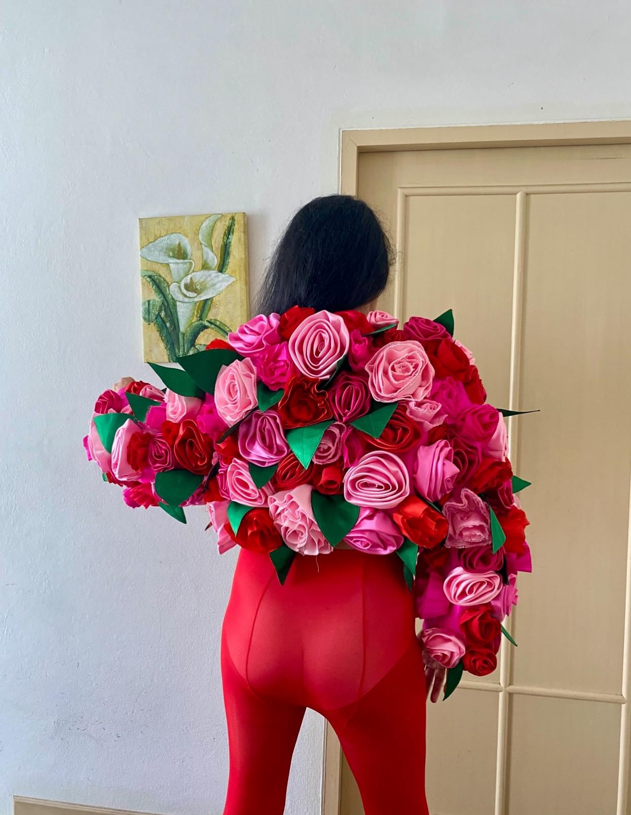 Custom Hot Pink 3d Flower Jacket for Women, Custom Jacket,ruffles 