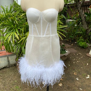 Mandi white  feathers corset sparkles dress mini,Corset dress bustier,Short wedding dress,Bustier mini dress,Corset dress short