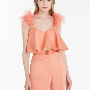 Orange Feder Top & Hose für Frauen, weite Beinhose, kundenspezifische Hose, Abschlusskleid, Übergrößenkleid Braut, Hochzeitsgastkleid, Geschenk für sie Bild 4
