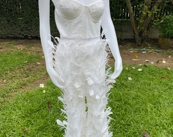 Mona white trim feathers pants, Wedding guest dress,Ball gown wedding  dress,Bridal dress,Y2K pants,Palazzo pants(not including corset)