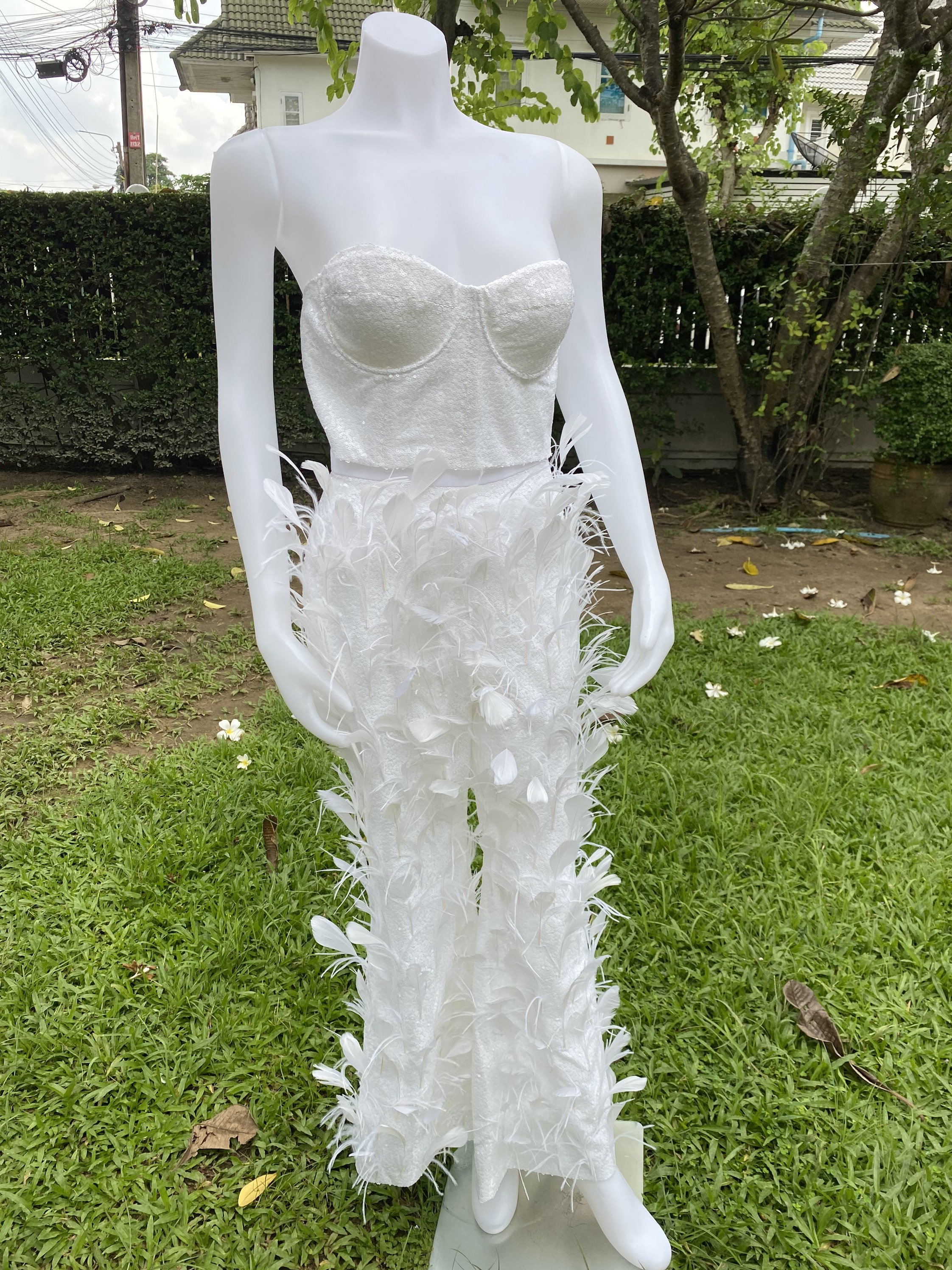 Mona White Trim Feathers Pants, Wedding Guest Dress,ball Gown