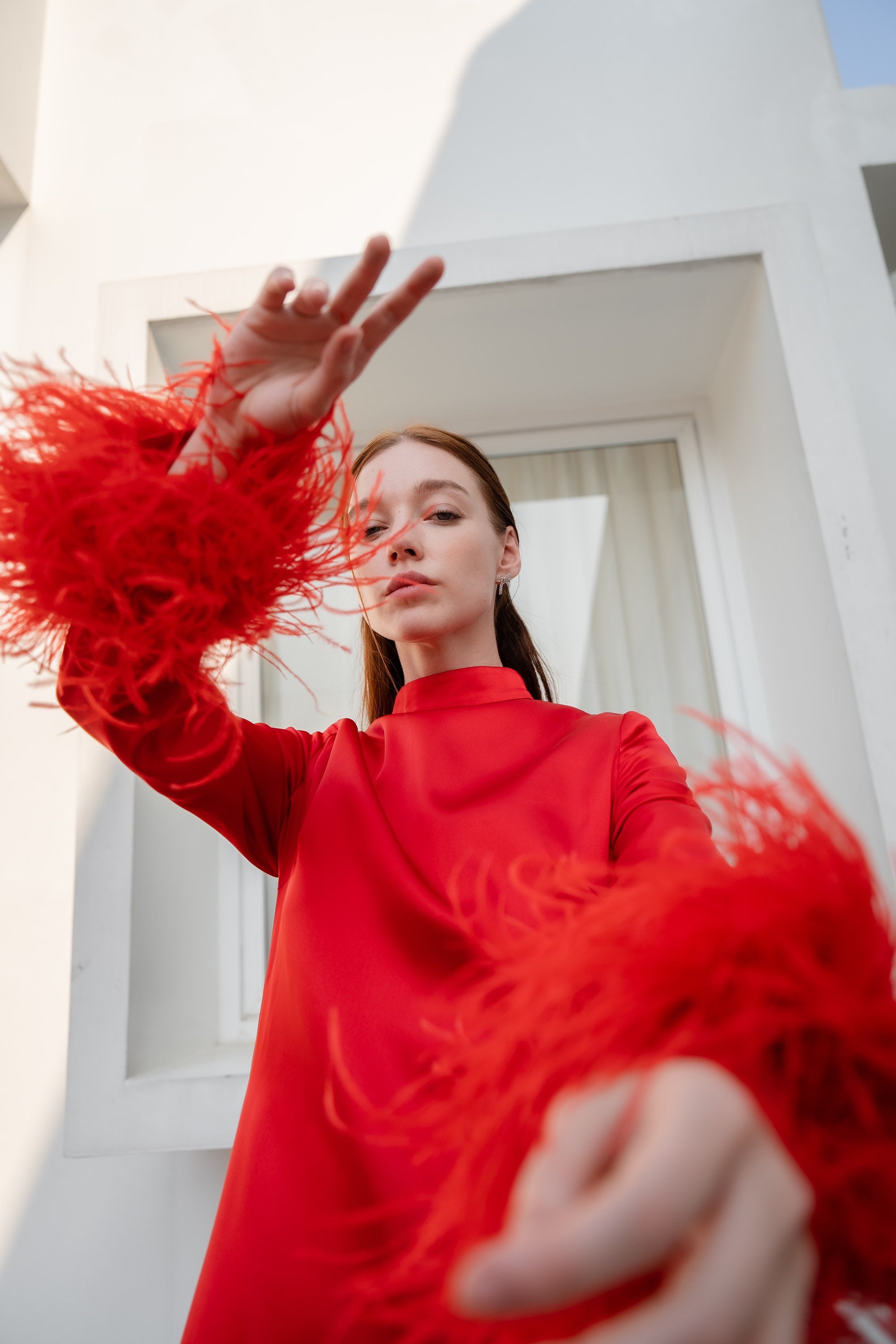 long red dress with feathers Red Sequin Feather Long Sleeve Mermaid Prom Dress