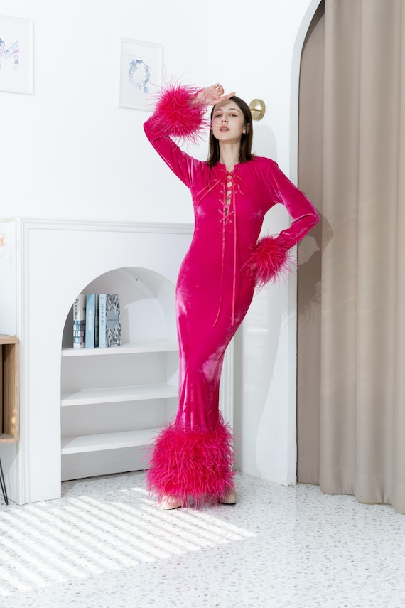 Custom feather velvet long dress for women,Plus size wedding dress,Wedding guest dress,Anniversary elegant dress,Bodycon dress