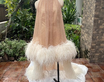Custom gold high neck long tail feathers dress,Festive short dress,Elegant wedding dress for women,Ball gown dress,Evening dress gown