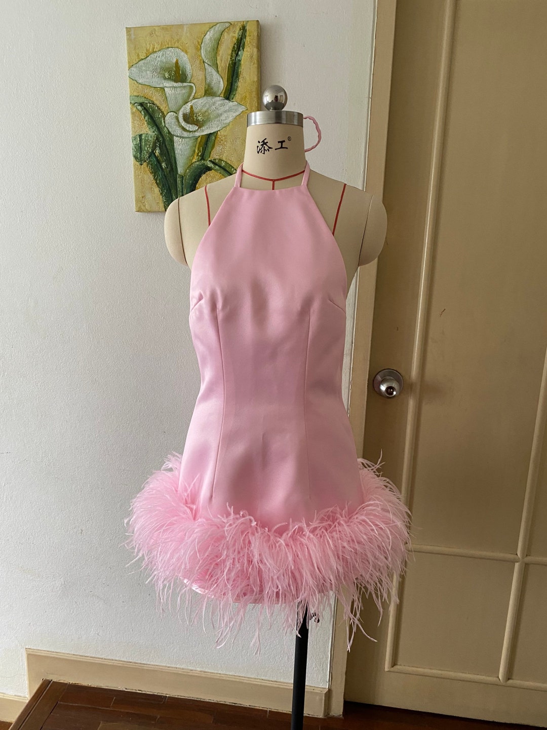 Pretty Halter Pink Sequin Feathers Sheath Cocktail Dress Formal Birthday Dress Homecoming Dress main image 1