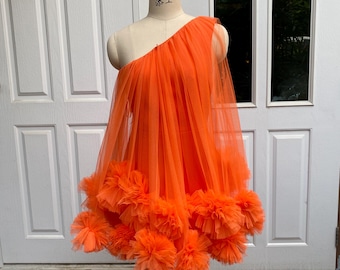 Orange custom one the shoulder mini tulle dress for women,Wedding dress plus size,Evening dress gown,Elegant short dress