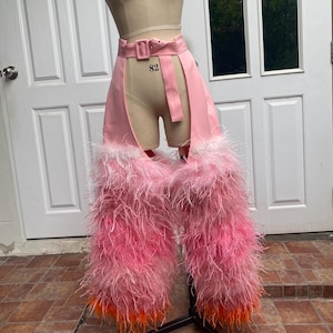 Custom colorful  chaps for women,Plus size chaps feather pants,Wide leg pants for LGBTQ pride,After party trousers, Chaps for bridesmaids
