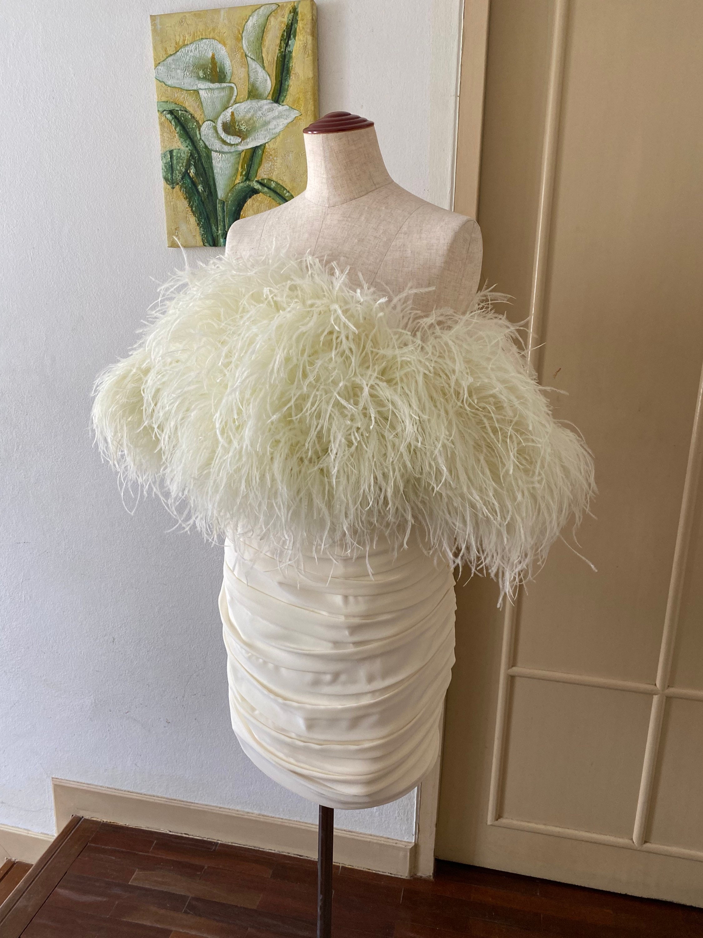 Custom ivory feathers off the shoulder mini dress,Draped short dress unique wedding ,Second wedding dress for bride,Plus size wedding dress