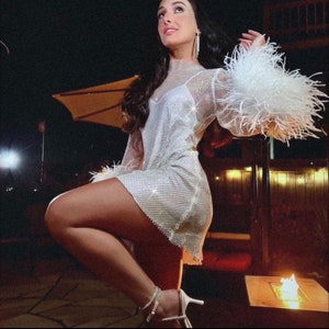 knee length dresses for ladies Undeniable Glamour Rhinestone Sheer Mesh Mini Dress