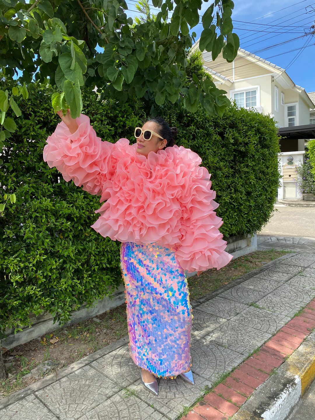 Celeste Coral Pink Cropped Ruffles Jacket for Women, Coat Dress for ...