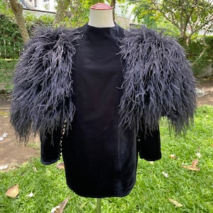 Nina black ostrich feathers puff sleeves velvet mini dress for women,Plus size dress,Birthday party dress,Birthday party dress,Fairy dress