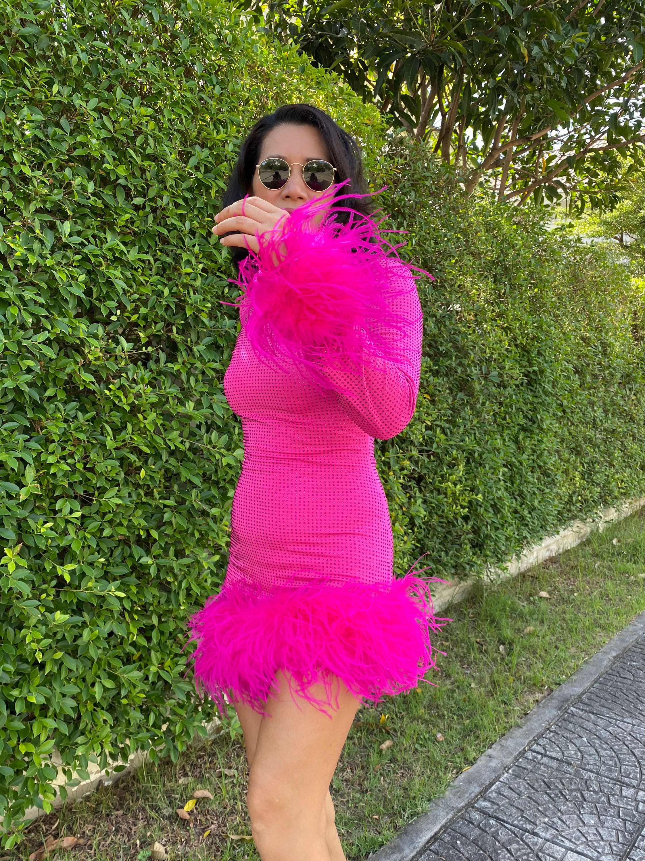 Custom fuchsia stretchable crystal feathers ashemetic mini dress,Bodycon dress,Christmas outfit,Plus size wedding dress,Short evening dress