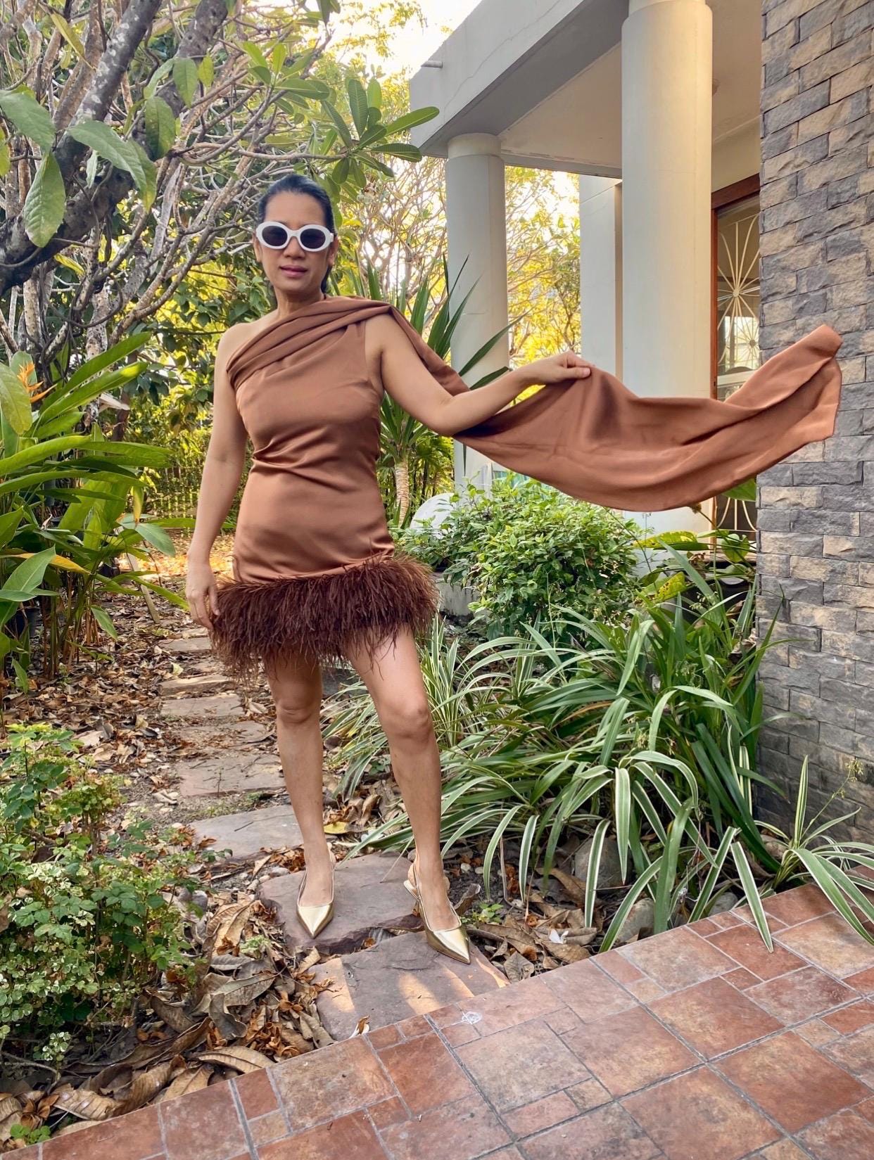 brown dress with feather trim Gown stopping feather trim maxi track-specials Curvy Body Dresses | Metal Colour:Rose Gold