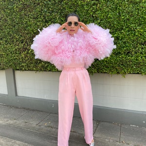 Custom pink tulle cropped jacket trimmed with feathers,Custom jacket ,Plus size tulle dress,Bridesmaid dress tulle,Sheer tulle dress,