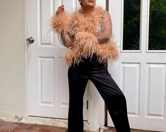 Custom  feathers leopard bolero shrug,Feathers blouse,Wedding dress for bridal jacket, plus size top,Sheer tulle blouse, Bridal cover up