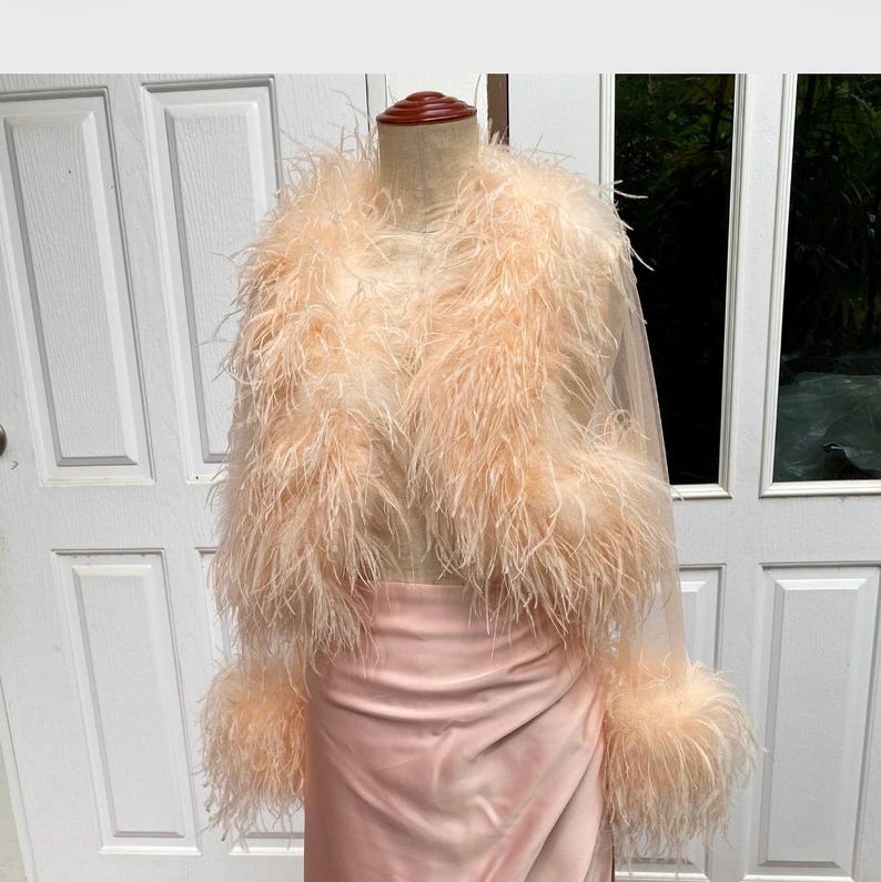 Peach feather sheer tulle shrug and midi skirt for women,Festive dress,Christmas dress,Wedding guest dress,Birthday dress,Homecoming dress image 11