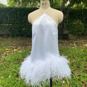 White Feathers Halter Mini Dress Plus Size Wedding Dress Second Wedding Dress Alternative Tie back Wedding Dress For Women Short Dress