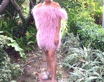 Dusty rose gold off hombro plumas vestido pluma vestido de cóctel pluma vestido de fiesta vestido de plumas de avestruz