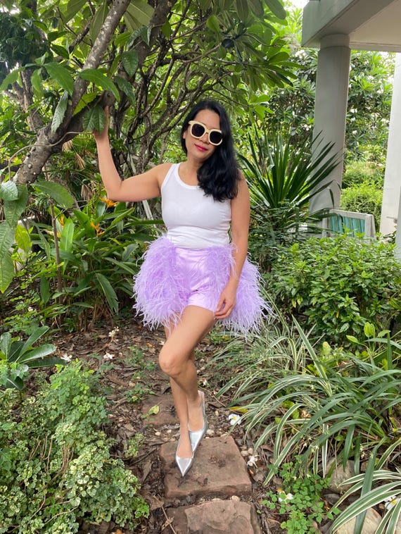 night dress short pants Custom Lavender Feather Hot Pants With Long Tail,women ,prom Shorts Plus  Size,hen Night Dress for Bride,lgbtq Short Coachella Outfit