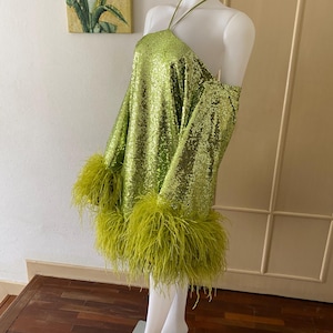 lime green dress with feathers Ieena for Mac Duggal - Green Ruched High-Low Sheath Dress with Feather Trim