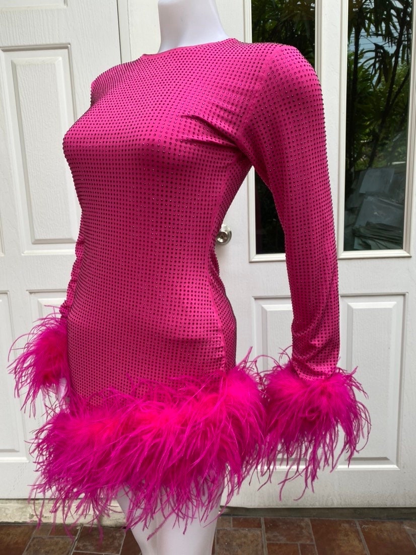 dusty pink feather skirt bodycon dress Velvi - Sochi Gown - Hot Pink Feather Trim Evening Dress