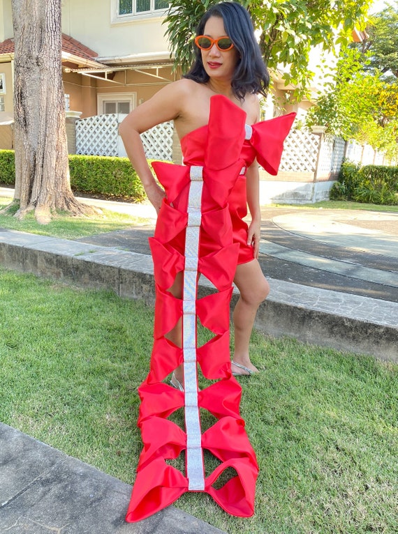 chinese dress ladies Red Maxi Dress With Slit And Tie Bows main image 0