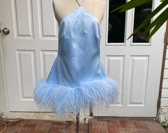 Custom light blue feathers halter mini dress,Plus size wedding dress ,Ball gown wedding dress,Wedding guest dress,Alternative wedding dress