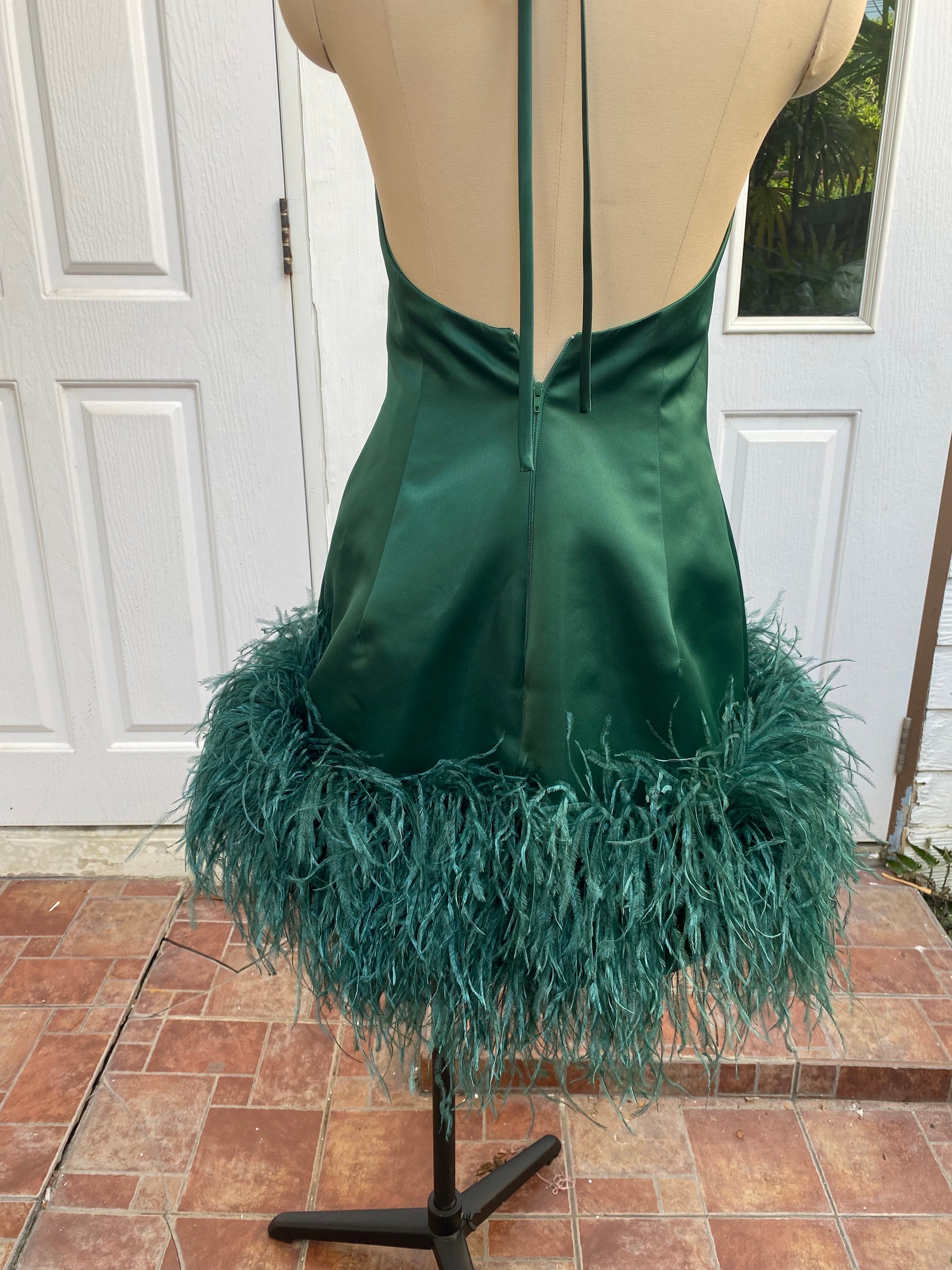 Emerald green feather halter neck short dress Wedding dress gown plus size Wedding guest dress summer women Open back Wedding dress festive