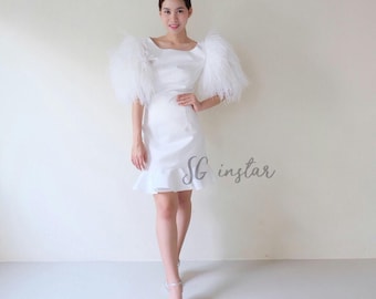 SGinstar Kate white ostrich feathers dress,Plus size dress,Cocktail party dress,Bachelorette dress