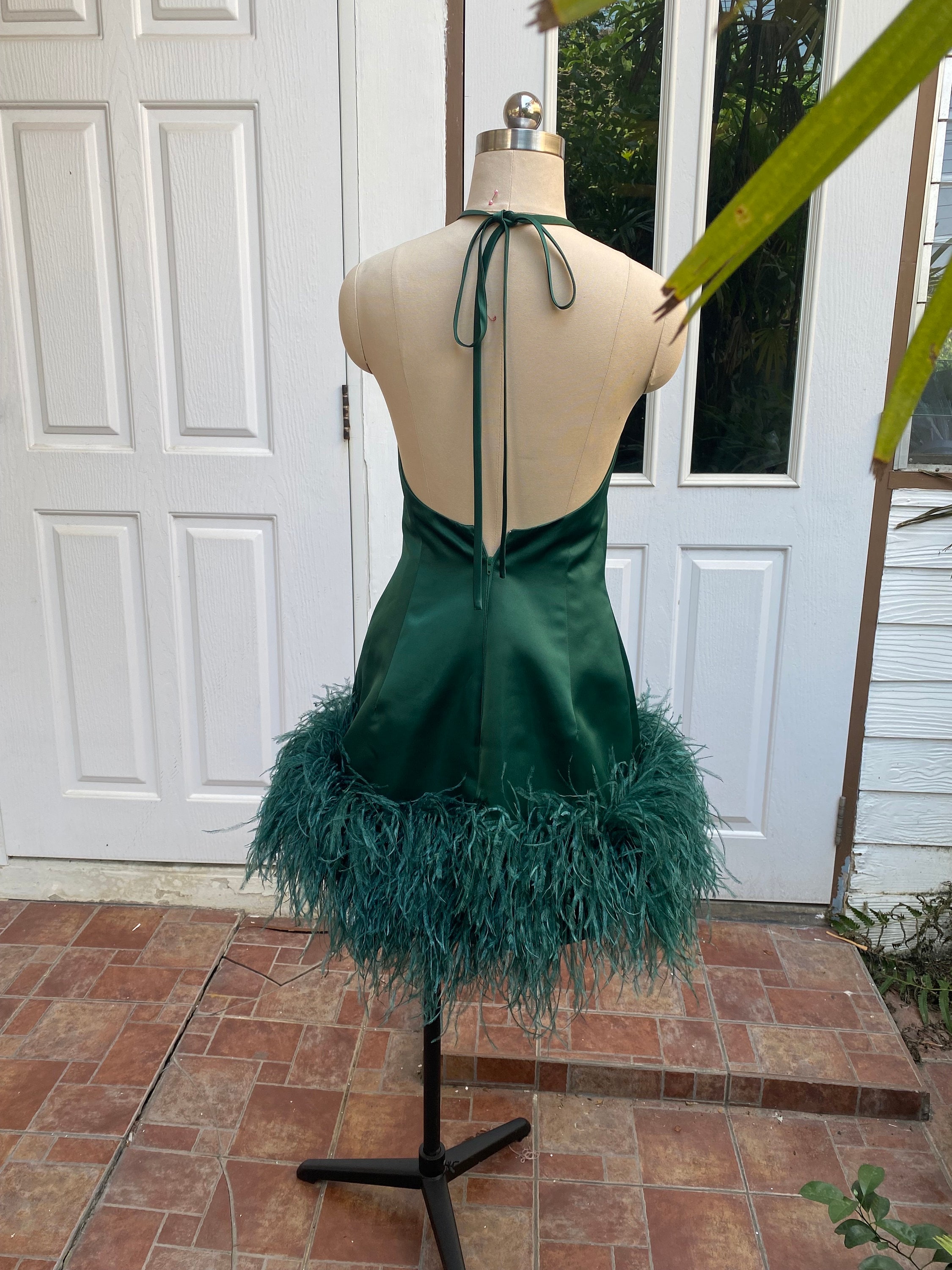 dark green feather dress LAPOINTE Satin Shift Dress With Feathers