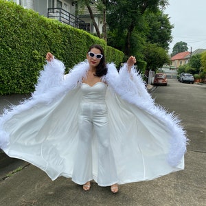 Eda white boas feathers satin kimono dress,Ball gown wedding dress,Unique wedding dress, Plus size wedding dress,Bridal dress