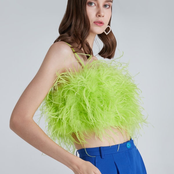 Haut en plumes de boas vert néon Tina pour femme, cadeau de remise des diplômes, cadeau personnalisé, haut court sans bretelles, robe de soirée cocktail, robe de fête