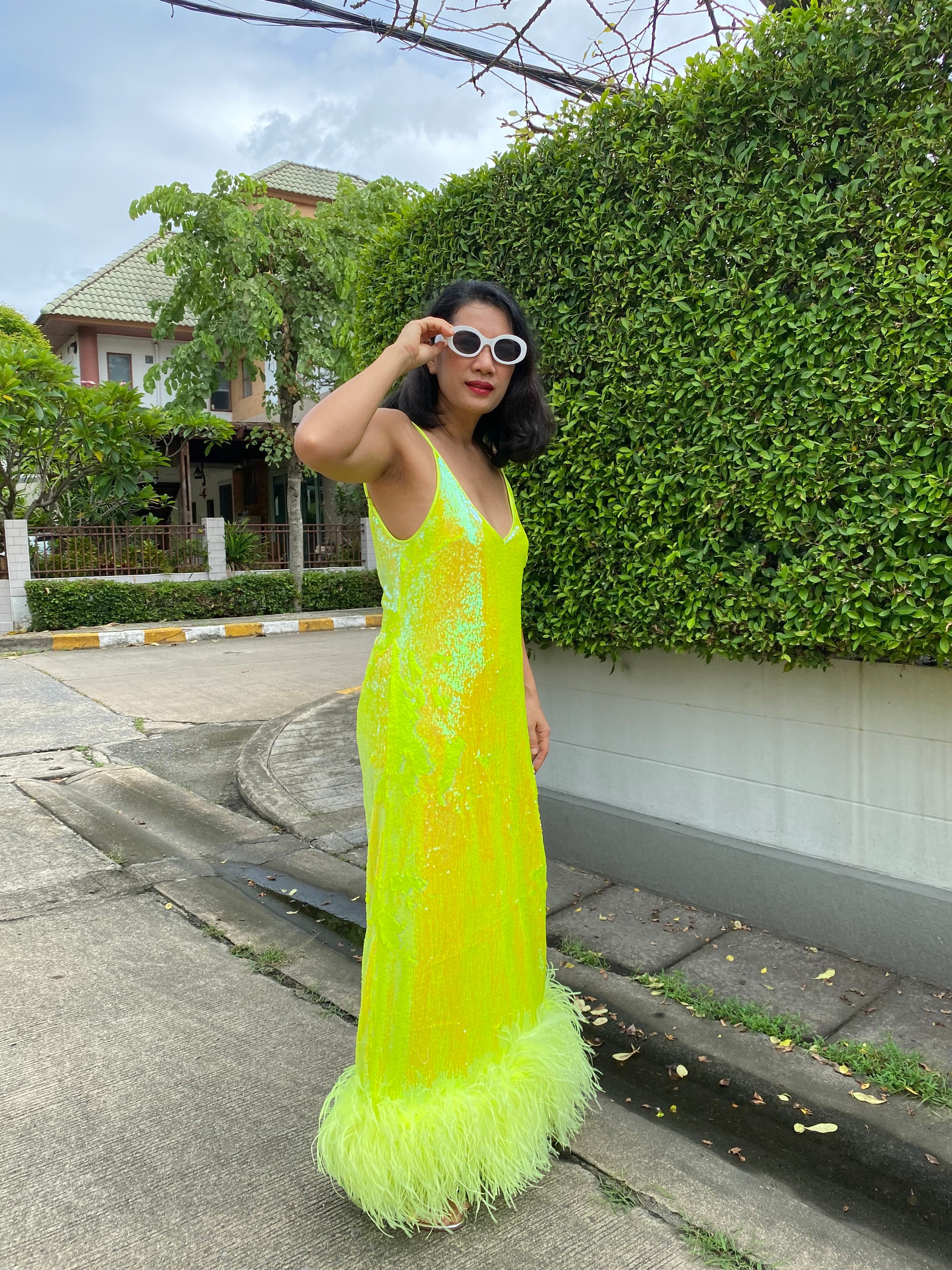 knee length dresses for ladies Joyau Yellow Sequin Mesh Maxi Dress, M / Yellow