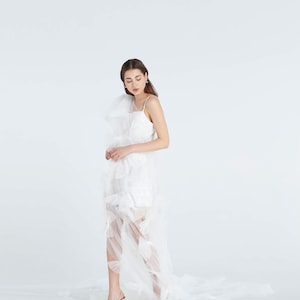 Brodie white bow tulle long tail dress for cocktail party,Sheer tulle dress for women,Birthday party dress,Tulle prom dress