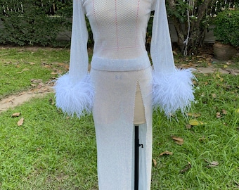 Jersey white stretchable rhinestone sheet high slit skirt and blouse,Feathers dress,Sexy dress,Bodycon dress