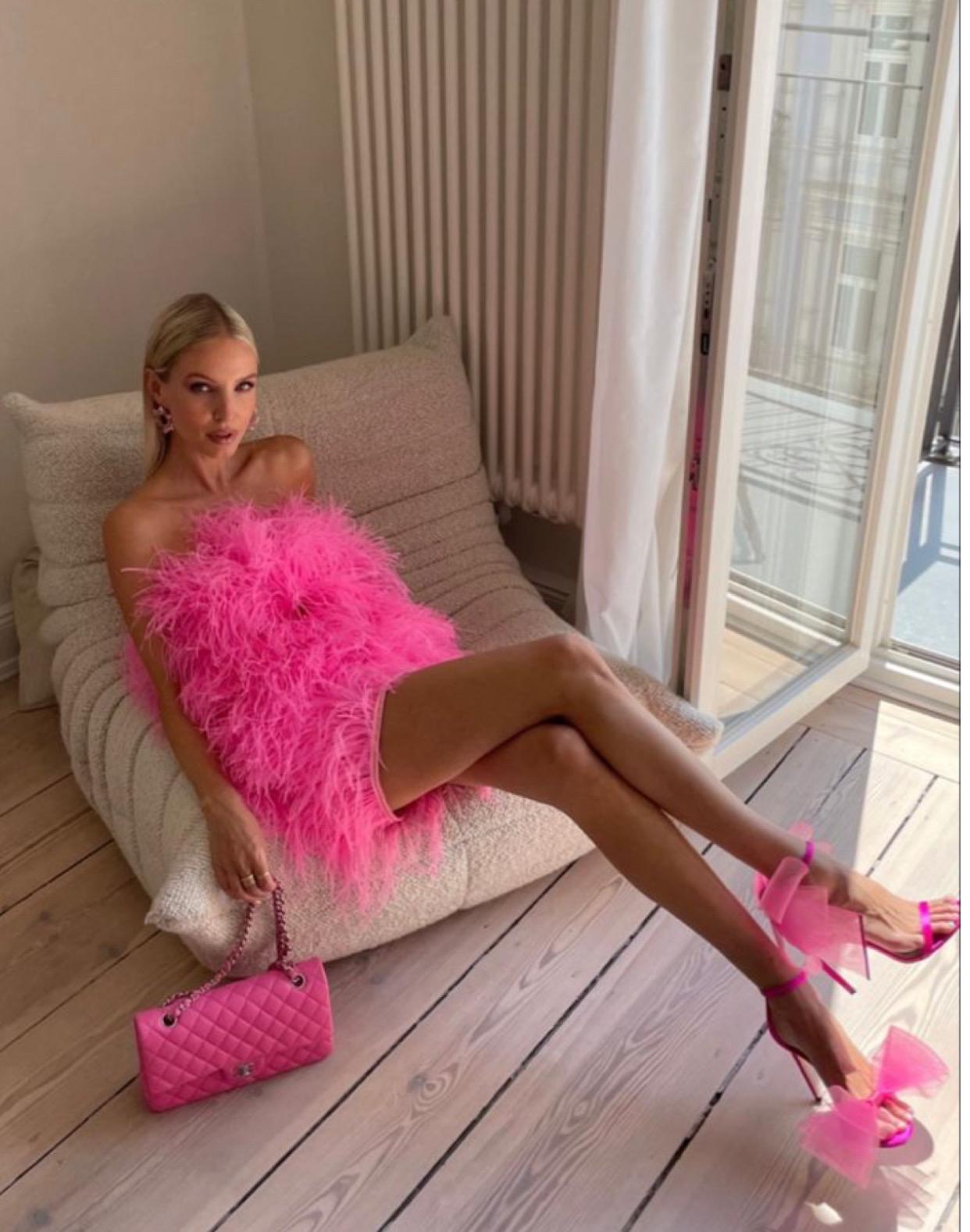 hot pink dress with feathers Cute Mermaid V Neck Hot Pink Sequins Long Prom Dress with Feather AB4010201 Anniebride