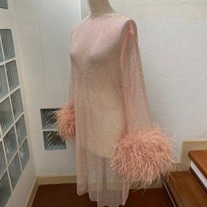 Rose gold stretchable rhinestone mini dress,Plus size sexy dress,Party dress with feathers,Rhinestone dress birthday,Plus size dress