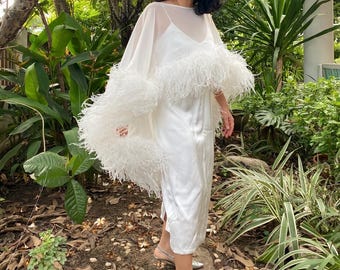 Custom white feathers cape dress,Cover up wedding dress